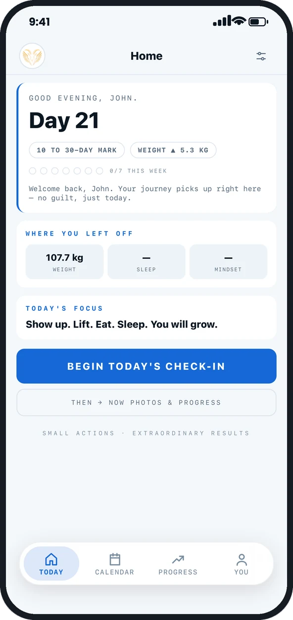 The Journey app home screen — day count, weight and today's check-in